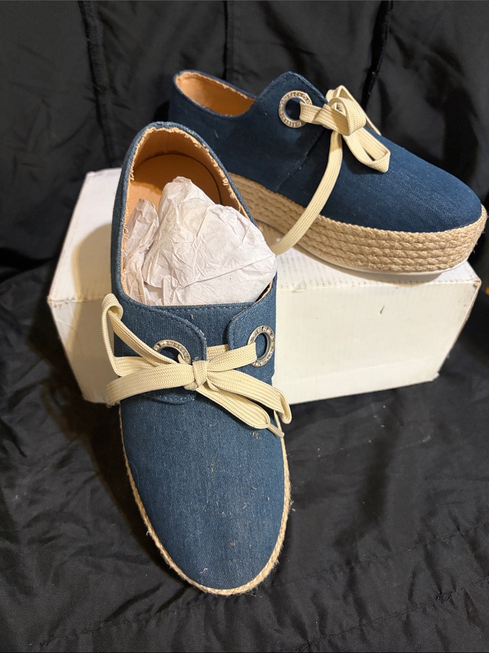BAMBOO Navy Canvas Espadrille Platform Shoes with Cream Laces